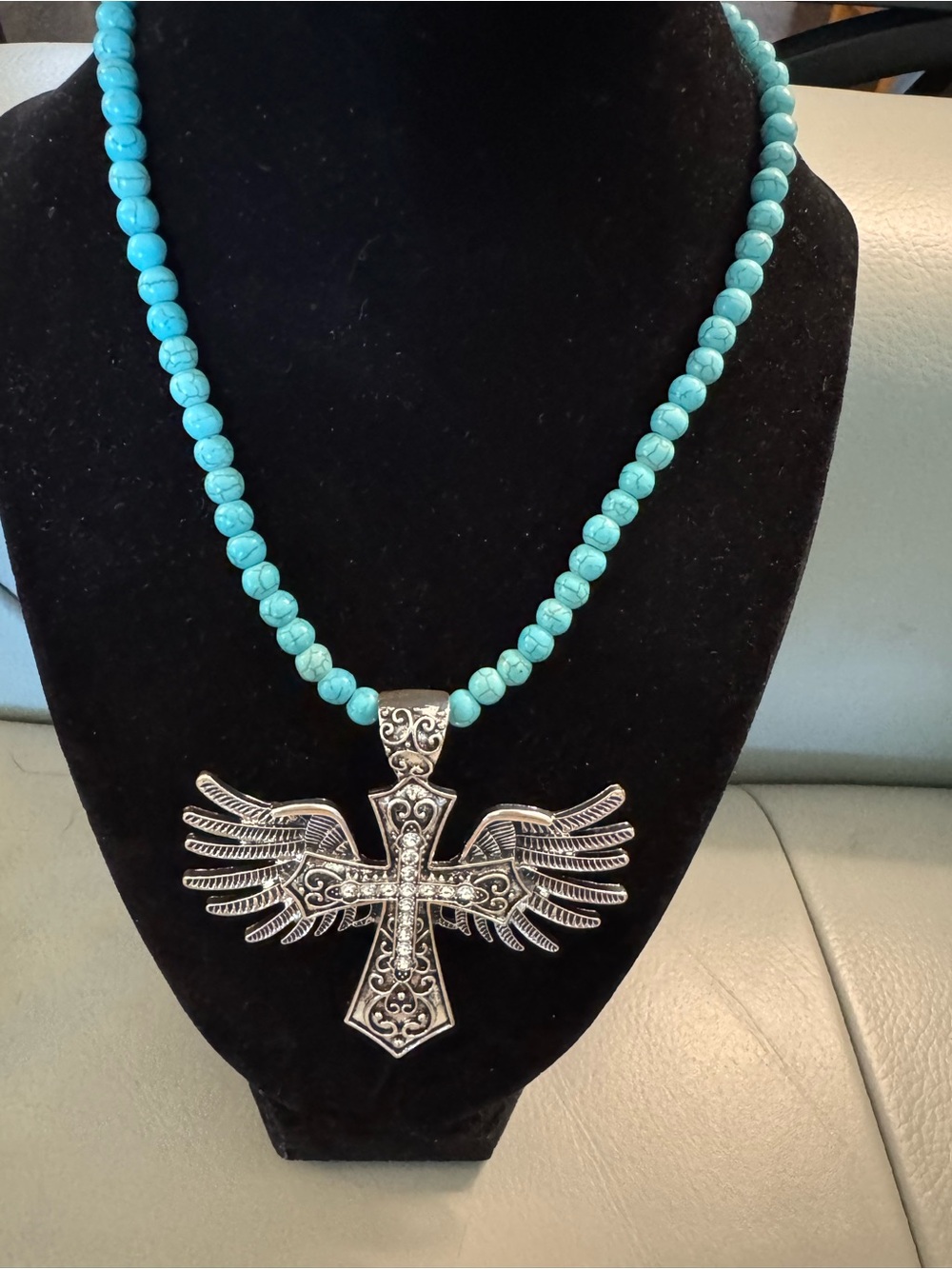 Turquoise Wooden Necklace with Silver Large Winged Cross with Rhinestones - Picture 3 of 4